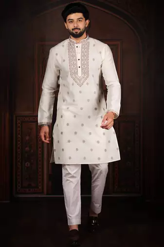 White jacquard work ethnic festive traditional attire for men