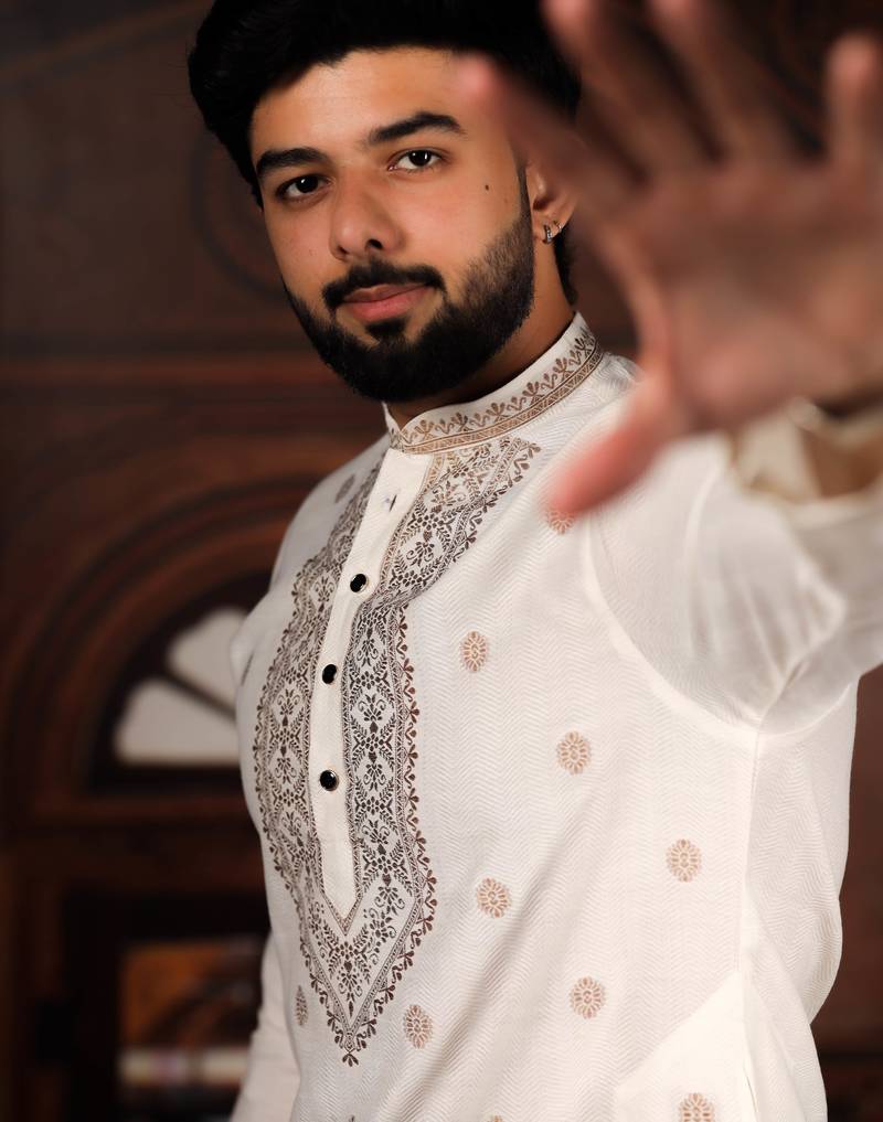 White jacquard work ethnic festive traditional attire for men