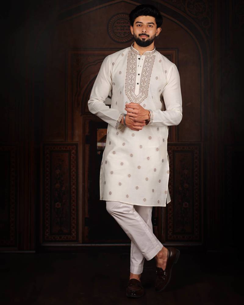 White jacquard work ethnic festive traditional attire for men