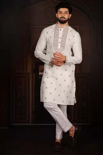 White jacquard work ethnic festive traditional attire for men