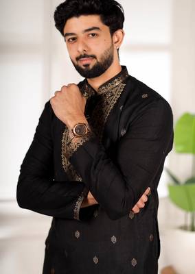 Black jacquard work ethnic festive traditional attire for men 3