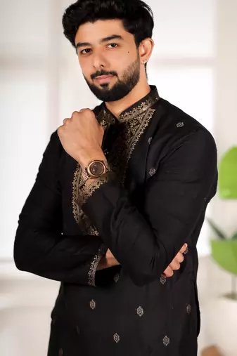 Black jacquard work ethnic festive traditional attire for men