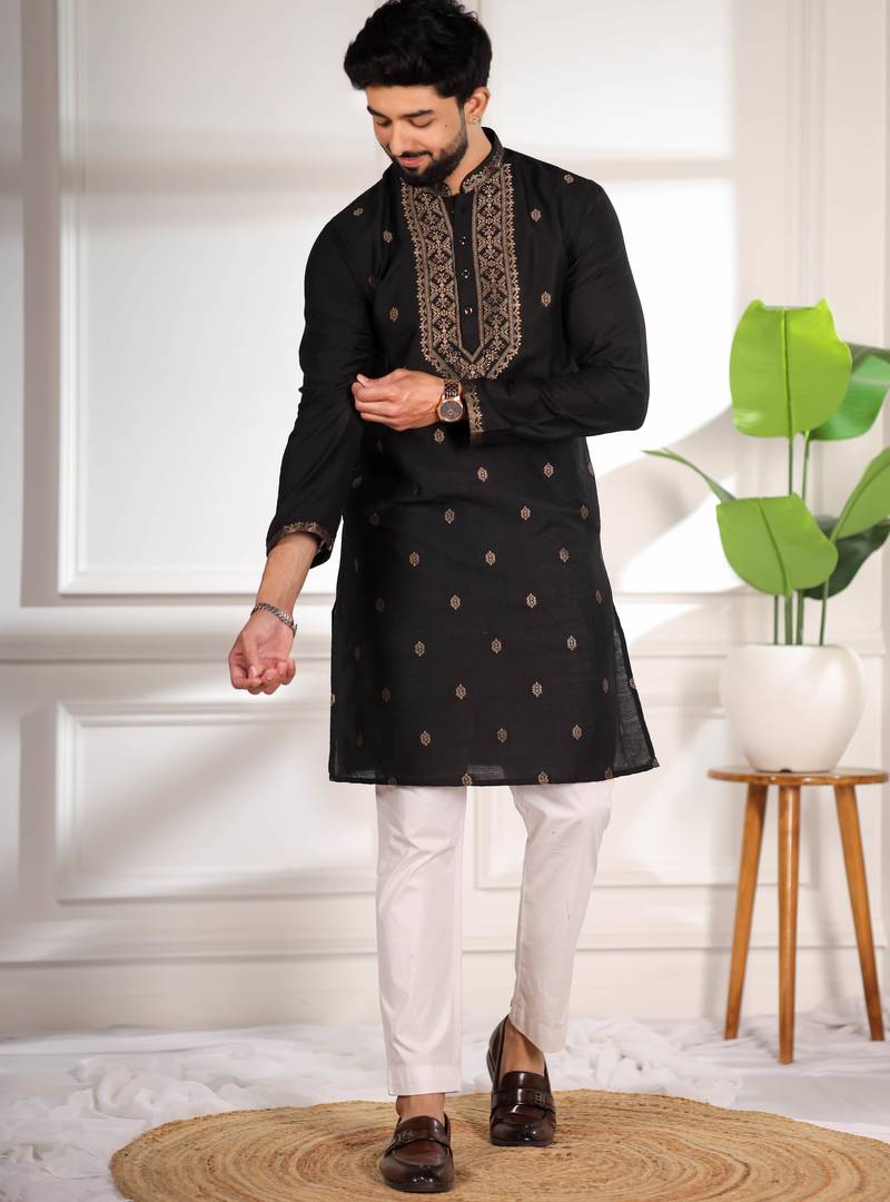 Black jacquard work ethnic festive traditional attire for men
