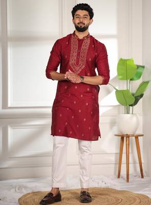 Maroon jacquard work ethnic festive traditional attire for men 1