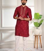 Maroon jacquard work ethnic festive traditional attire for men