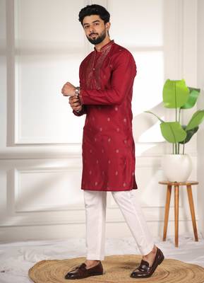 Maroon jacquard work ethnic festive traditional attire for men 4