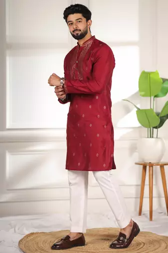 Maroon jacquard work ethnic festive traditional attire for men