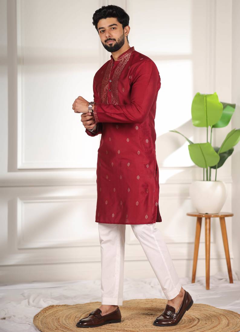 Maroon jacquard work ethnic festive traditional attire for men