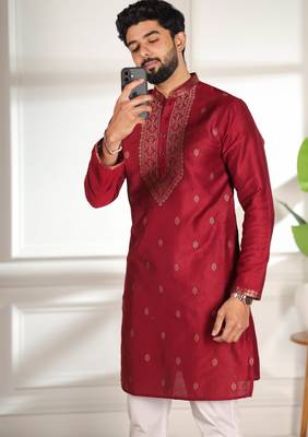 Maroon jacquard work ethnic festive traditional attire for men 5