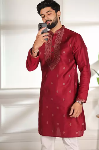 Maroon jacquard work ethnic festive traditional attire for men