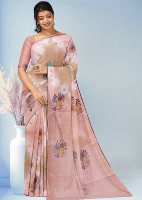Light pink & sand beige printed andhra cotton saree with running blouse 1