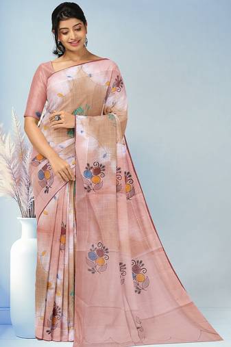 Light pink & sand beige printed andhra cotton saree with running blouse