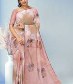 Light pink & sand beige printed andhra cotton saree with running blouse