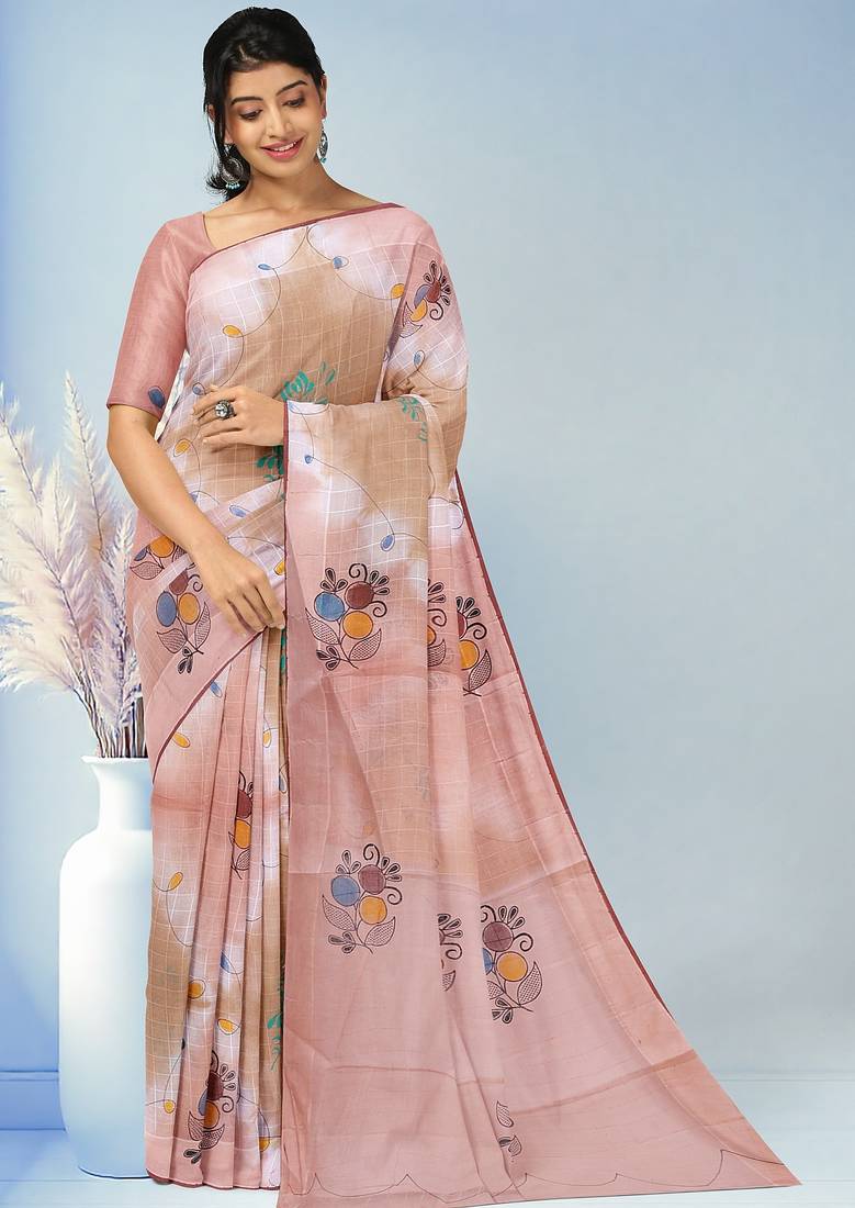 Light pink & sand beige printed andhra cotton saree with running blouse