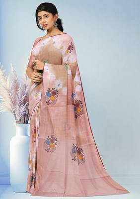 Light pink & sand beige printed andhra cotton saree with running blouse 2