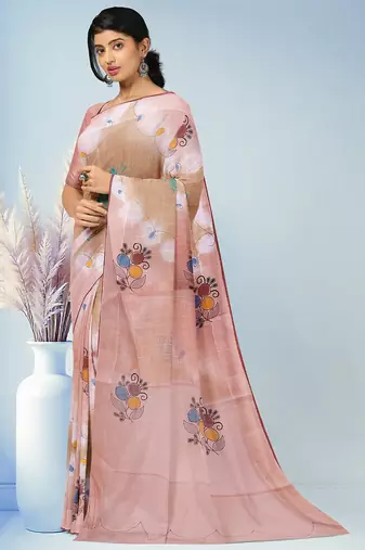 Light pink & sand beige printed andhra cotton saree with running blouse