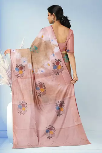 Light pink & sand beige printed andhra cotton saree with running blouse