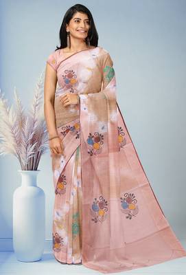 Light pink & sand beige printed andhra cotton saree with running blouse 4