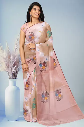 Light pink & sand beige printed andhra cotton saree with running blouse