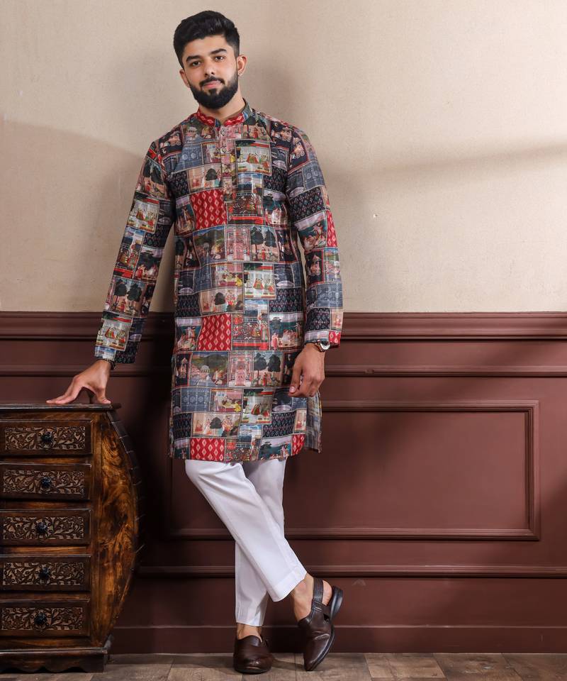 Black printed ethnic kurta payjama for looks