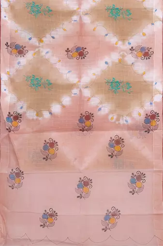 Light pink & sand beige printed andhra cotton saree with running blouse