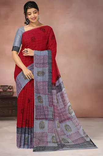 Crimson red & mist grey printed andhra cotton saree with running blouse