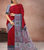 Crimson red & mist grey printed andhra cotton saree with running blouse