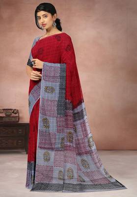 Crimson red & mist grey printed andhra cotton saree with running blouse 2