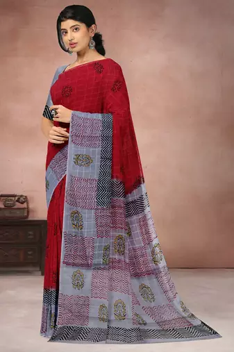 Crimson red & mist grey printed andhra cotton saree with running blouse