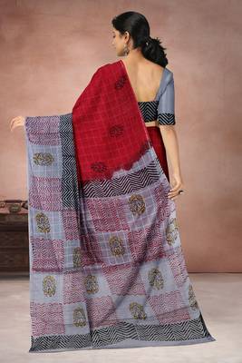 Crimson red & mist grey printed andhra cotton saree with running blouse 3