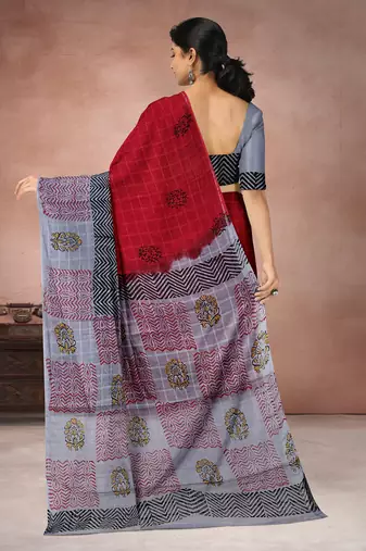 Crimson red & mist grey printed andhra cotton saree with running blouse