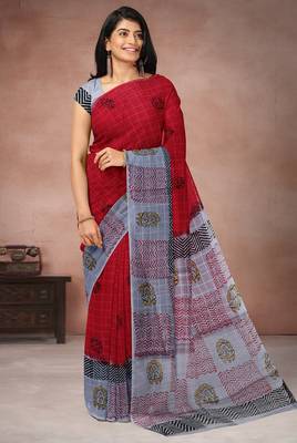 Crimson red & mist grey printed andhra cotton saree with running blouse 4