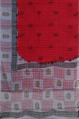 Crimson red & mist grey printed andhra cotton saree with running blouse 5