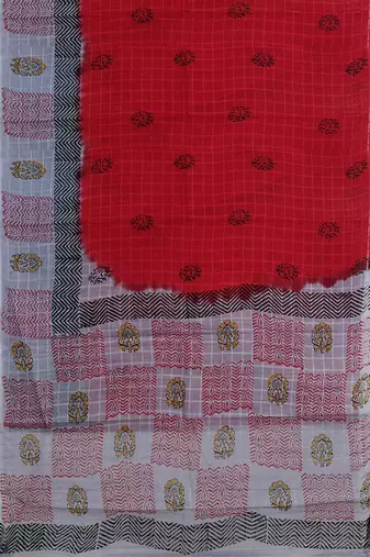 Crimson red & mist grey printed andhra cotton saree with running blouse