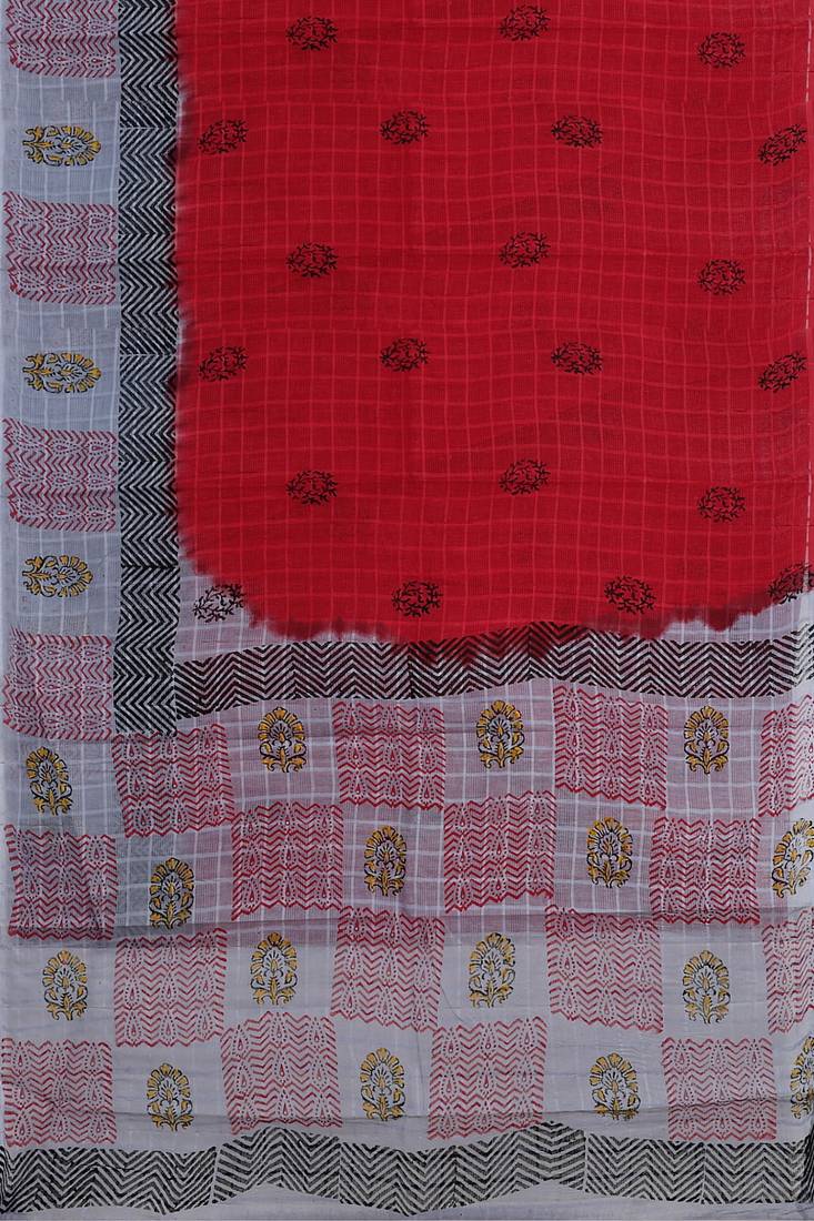 Crimson red & mist grey printed andhra cotton saree with running blouse