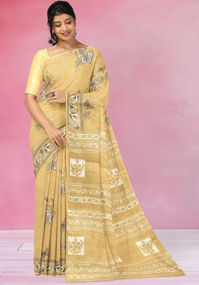 Mustard yellow & soft ivory printed andhra cotton saree with running blouse 1