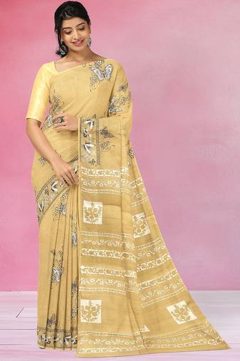 Mustard yellow & soft ivory printed andhra cotton saree with running blouse