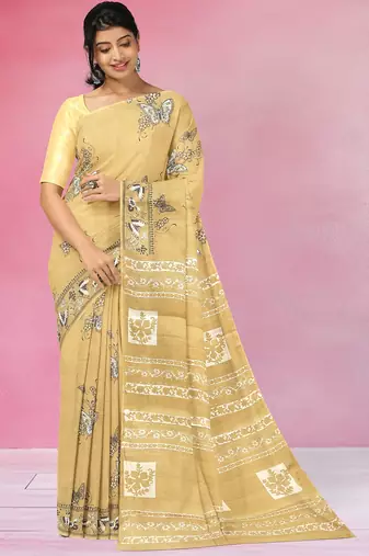 Mustard yellow & soft ivory printed andhra cotton saree with running blouse