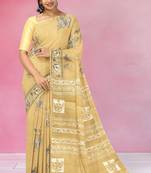 Mustard yellow & soft ivory printed andhra cotton saree with running blouse