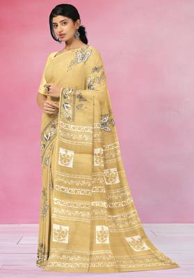 Mustard yellow & soft ivory printed andhra cotton saree with running blouse 2