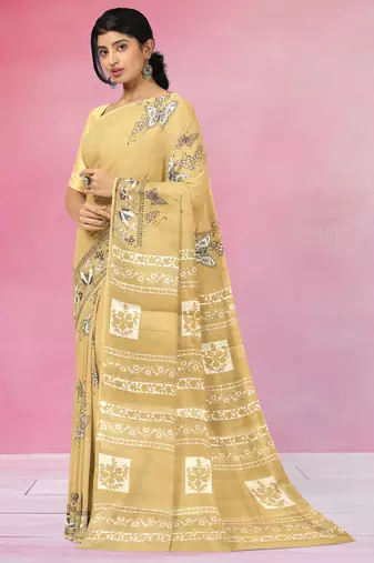 Mustard yellow & soft ivory printed andhra cotton saree with running blouse