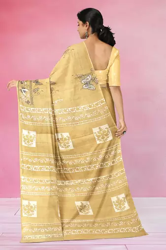 Mustard yellow & soft ivory printed andhra cotton saree with running blouse