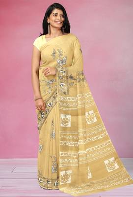 Mustard yellow & soft ivory printed andhra cotton saree with running blouse 4