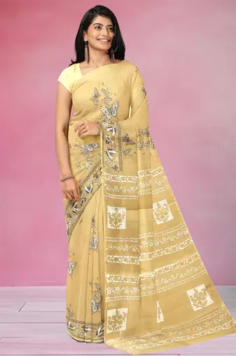 Mustard yellow & soft ivory printed andhra cotton saree with running blouse