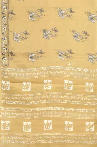 Mustard yellow & soft ivory printed andhra cotton saree with running blouse