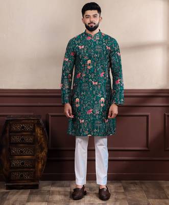 Green printed ethnic kurta payjama for looks 1