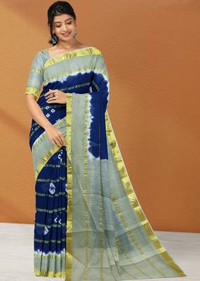 Midnight navy blue & mist sage green printed andhra cotton saree with running blouse 1