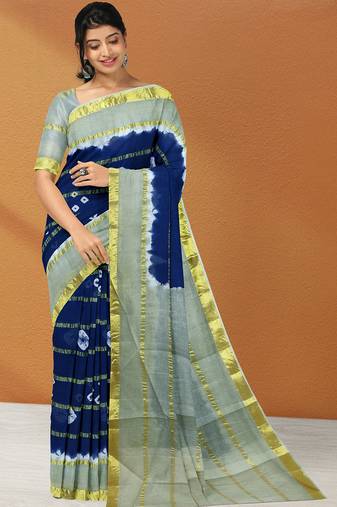 Midnight navy blue & mist sage green printed andhra cotton saree with running blouse