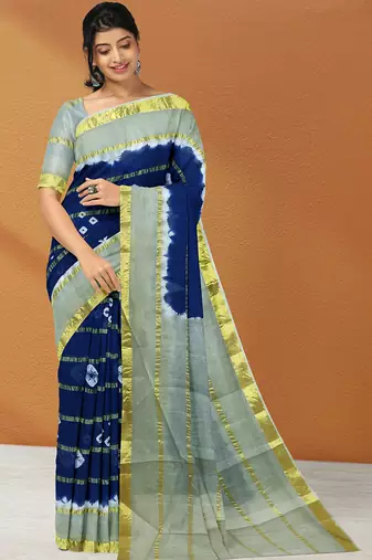 Midnight navy blue & mist sage green printed andhra cotton saree with running blouse