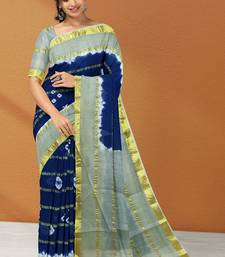 Midnight navy blue & mist sage green printed andhra cotton saree with running blouse
